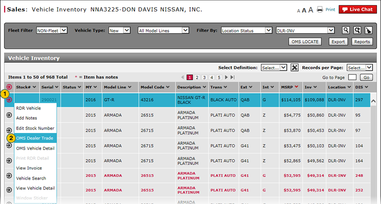 Vehicle Inventory page with Dealer Trad